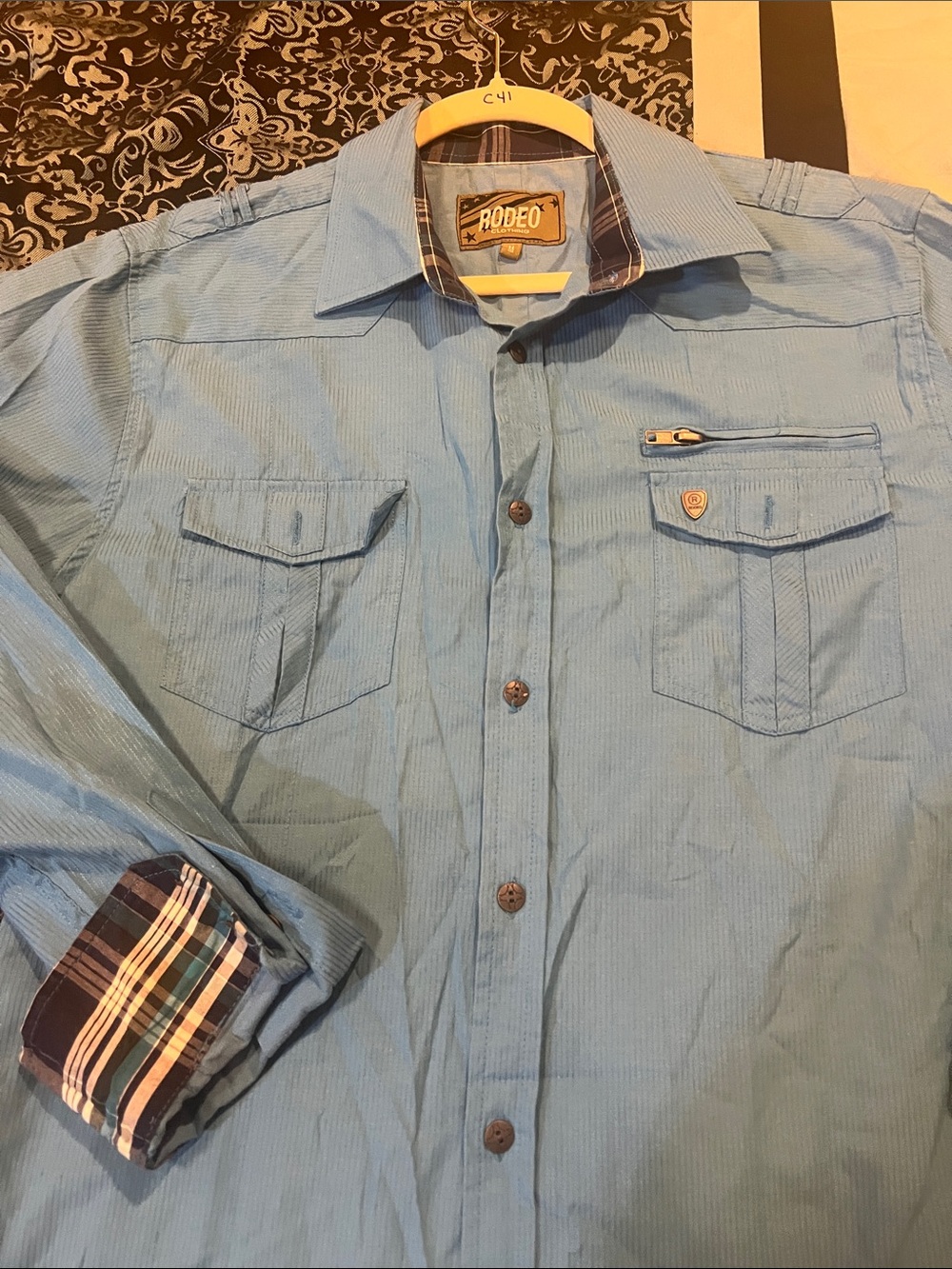 Rodeo Light Blue Button-Up Shirt with Plaid Cuff Detail - Picture 5 of 8